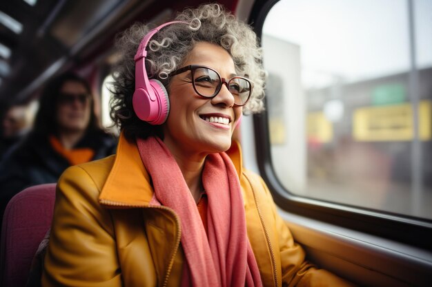 Femme âgée avec des écouteurs dans le bus ou le train IA générative