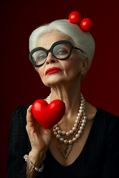 Une femme âgée élégante avec des lunettes élégantes et des cheveux blancs présente un cœur rouge symbolisant l'amour et la compassion l'élégance et pourrait être utilisée dans des campagnes promouvant l'amour à tout âge