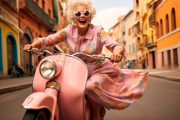 Photo une femme âgée élégante sur un scooter dans la rue