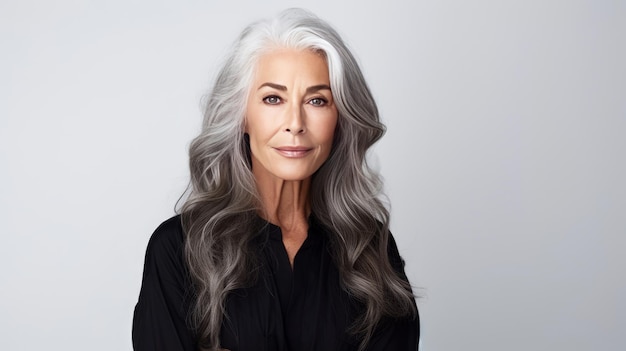 Une femme âgée élégante et souriante avec des cheveux gris longs et une peau parfaite sur une bannière blanche.