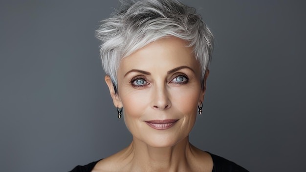 Photo une femme âgée élégante souriante et chic avec des cheveux gris et une coupe de cheveux courte sur une bannière de fond gris