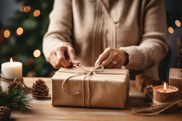 Une femme âgée emballant des cadeaux de Noël en papier kraft.