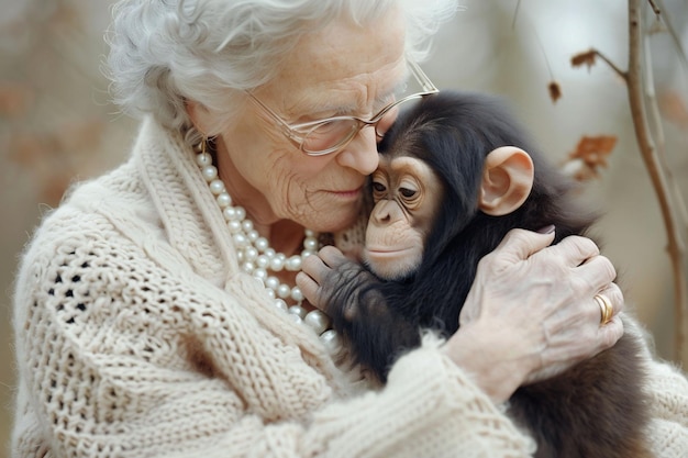 Une femme âgée embrasse tendrement un jeune chimpanzé présentant à la fois des expressions sereines dans un cadre naturel compassion et pourrait illustrer des thèmes de connexion de soin ou de nature