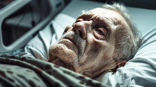 Une femme âgée est allongée immobile dans un lit d'hôpital entourée d'équipements médicaux et d'une pièce faiblement éclairée.