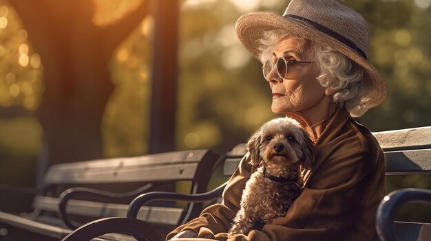 Une femme âgée est assise sur un banc de parc avec son chien.