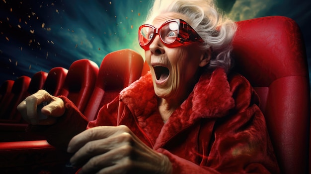 Une femme âgée est assise dans une salle de cinéma en train de regarder un film
