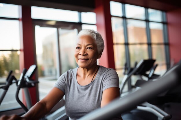 Une femme âgée est en train de changer sa vie. Elle a choisi un mode de vie sain. Elle passe du temps à la salle de sport.