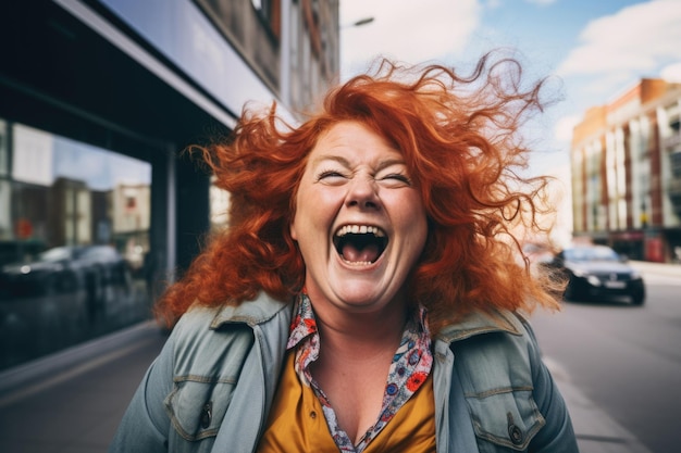 Photo femme âgée expression heureuse à l'extérieur dans une ville ai généré