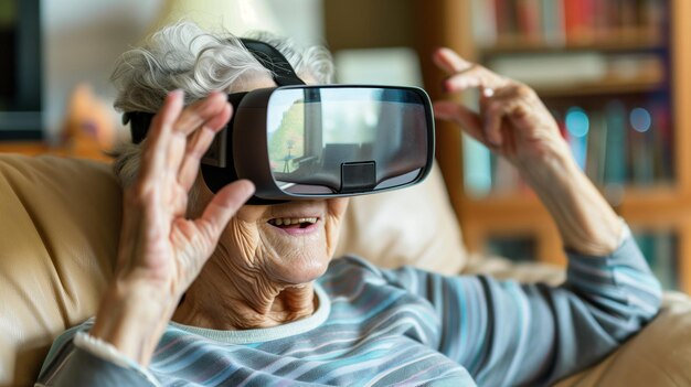 Une femme âgée faisant l'expérience de la VR à la maison