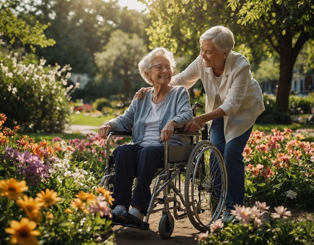 une femme âgée en fauteuil roulant avec une femme plus âgée dans un jardin