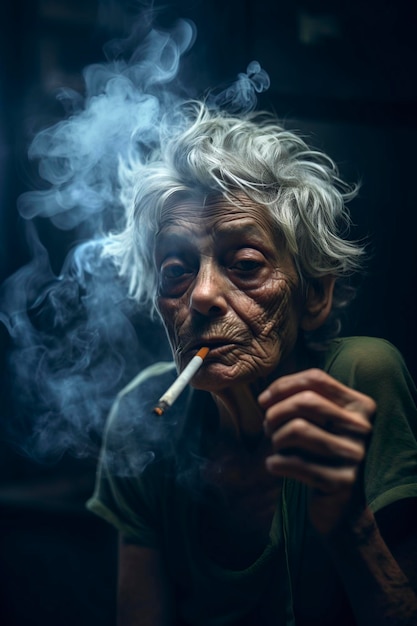 une femme âgée fumant une cigarette