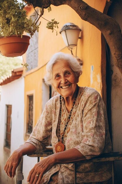 une femme âgée heureuse dans un village typique d'Espagne