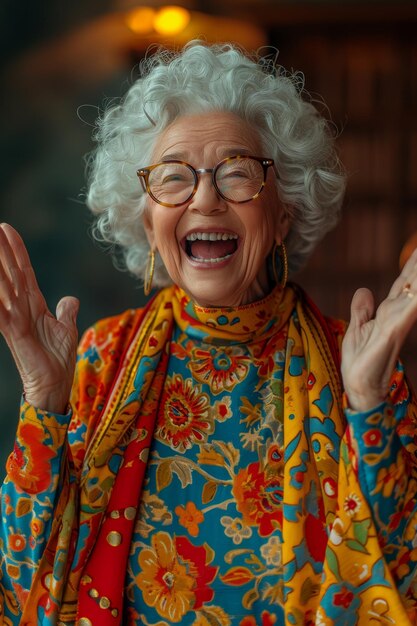 Photo une femme âgée heureuse et enjouée dans des vêtements de couleur à l'intérieur