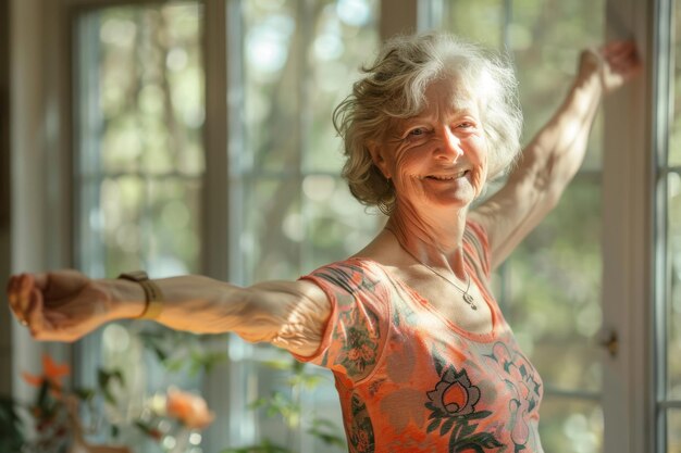 Une femme âgée heureuse faisant des étirements de bras dans une séance de yoga à la maison AI générative