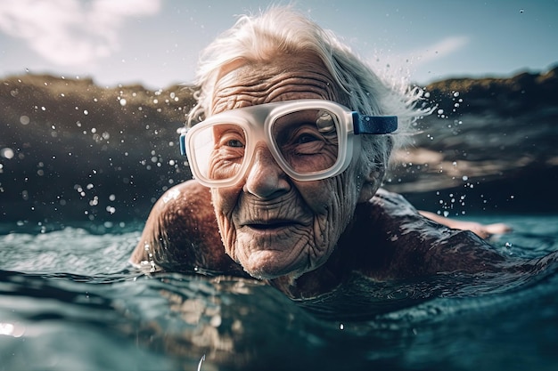 Une femme âgée heureuse nage dans la mer en profitant de son temps dans l'eau Generative AI