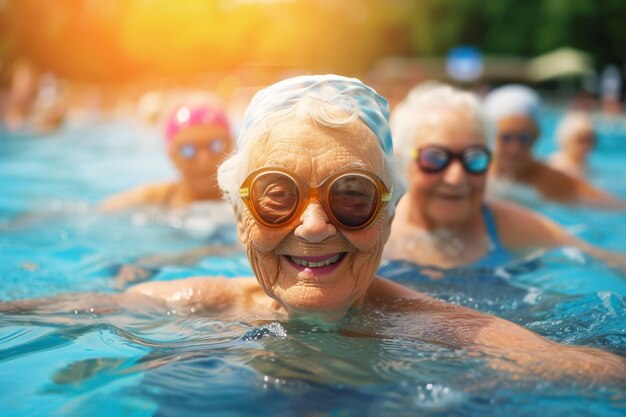 Une femme âgée heureuse nage dans une piscine en plein air un jour d'été ensoleillé Vieillissement actif