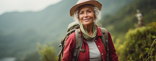 femme âgée heureuse en randonnée dans les montagnes