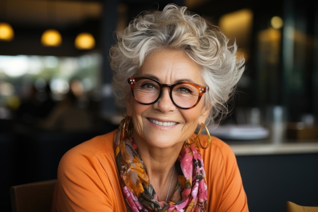 Une femme âgée heureuse souriante dans un café Portrait d'une femme mature souriante avec des lunettes