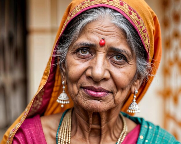 Photo une femme âgée honorée de l'inde holi festival de couleurs grand-mère vêtue d'un sari