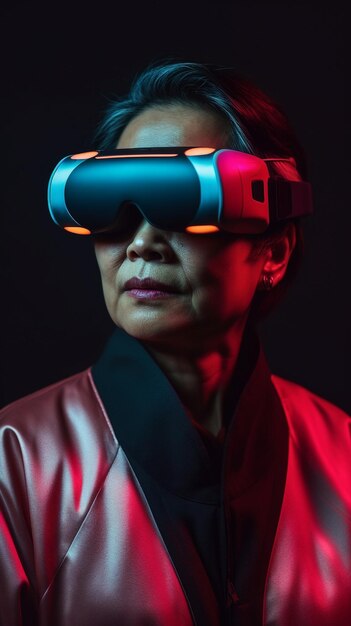 Photo femme âgée ia générative utilisant des lunettes 3d explorant le métaverse immersif