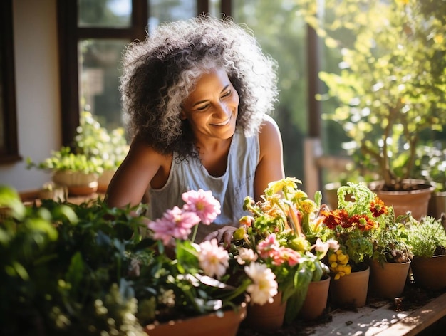 Une femme âgée jardine dans une belle journée de printemps.