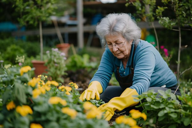 Photo femme âgée jardinière et planteuse