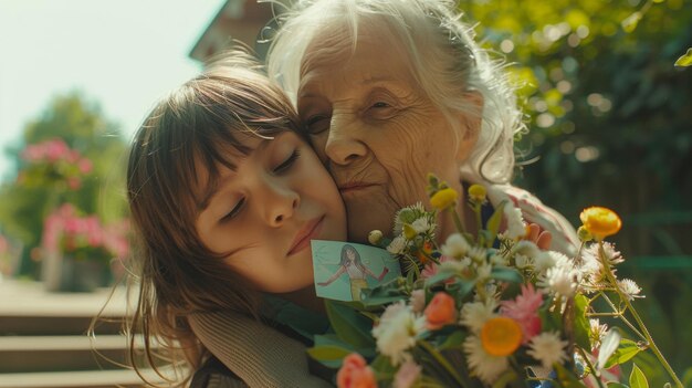 Une femme âgée et un jeune enfant s'embrassent tendrement au milieu de fleurs en fleurs.