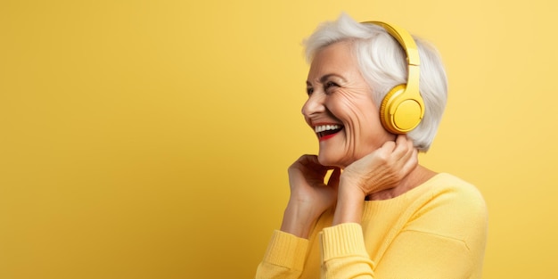 femme âgée jouant de la musique avec des écouteurs sur fond jaune générative d'IA