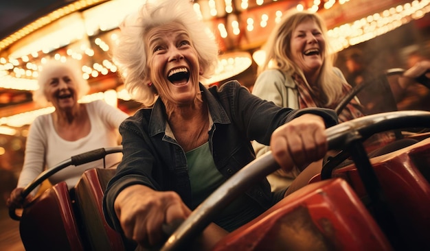 Une femme âgée joyeuse à cheval dans un parc d'attractions