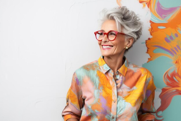 Une femme âgée joyeuse et confiante avec de beaux cheveux gris et des lunettes dans un portrait de studio
