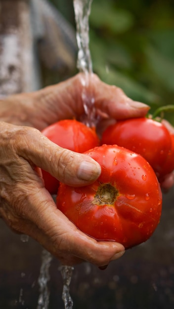 une femme âgée lave la récolte de tomates dans les mains dans le jardin de la maison, les mains en gros plan, les gouttes d'eau