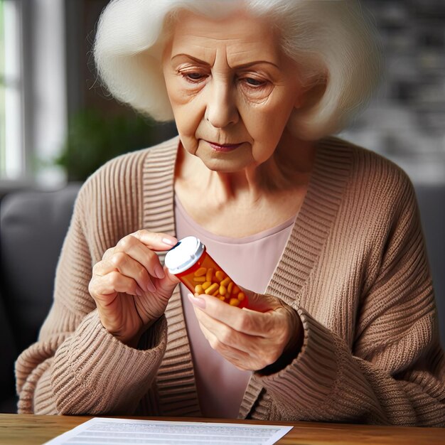 Une femme âgée lit les instructions des médicaments.