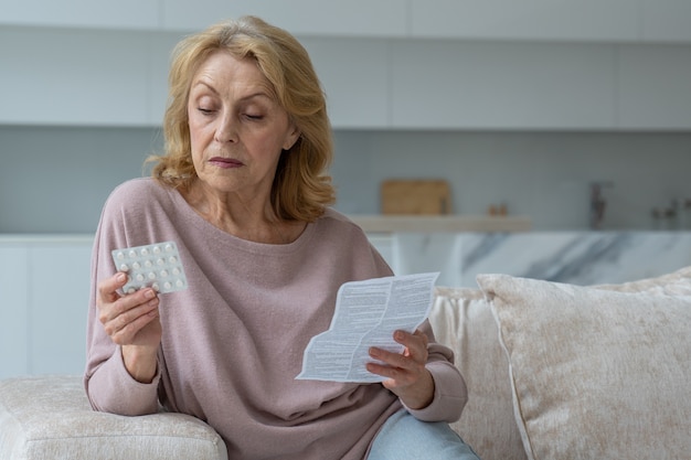Une femme âgée lit les instructions pour les pilules à la maison