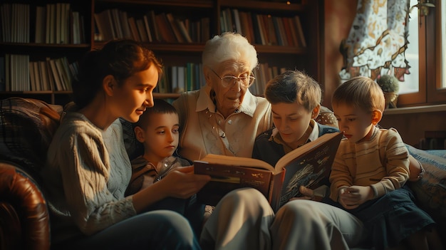 Photo une femme âgée lit un livre à ses petits-enfants. les enfants sont assis sur le canapé et écoutent attentivement.