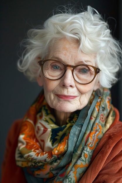 Une femme âgée avec des lunettes et un foulard