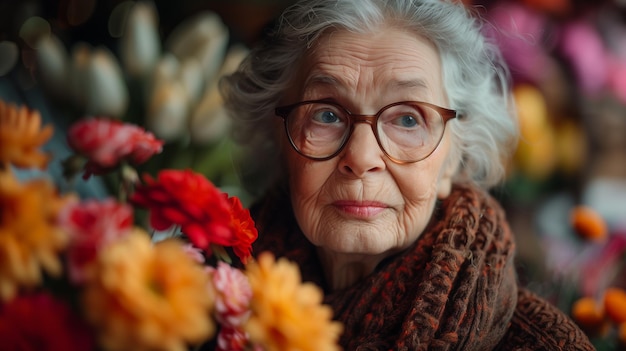 Une femme âgée avec des lunettes regardant un bouquet de fleurs