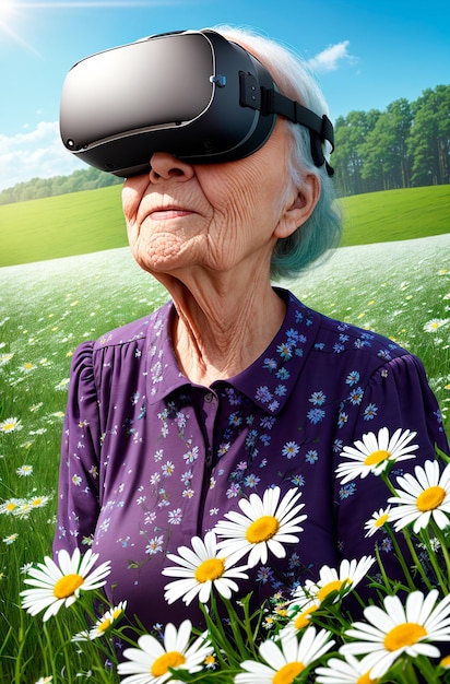 Femme âgée en lunettes VR sur fond de champ avec marguerites Portrait de retraité dans des lunettes de réalité virtuelle Concept de réalité artificielle AI générative