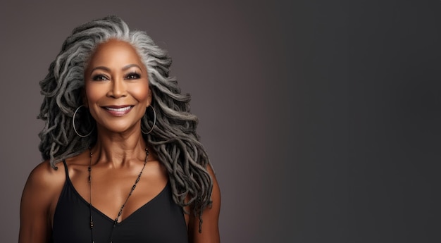 Une femme âgée magnifique avec de longs cheveux gris et un sourire heureux.