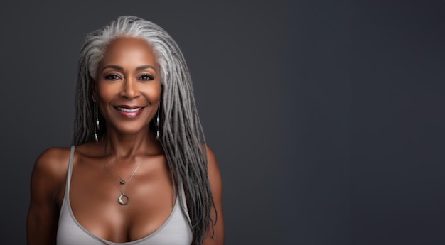 Une femme âgée magnifique avec de longs cheveux gris et un sourire heureux.