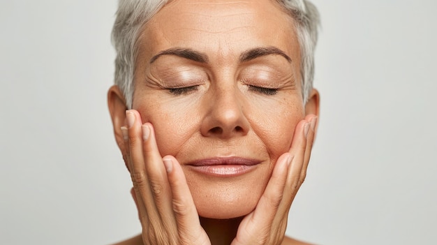 Une femme âgée magnifique avec les yeux fermés touchant sa peau parfaite Belle portrait femme âgée de 55 ans faisant de la publicité pour des produits de lifting facial anti-âge soins de salon serrent la peau isolée sur blanc