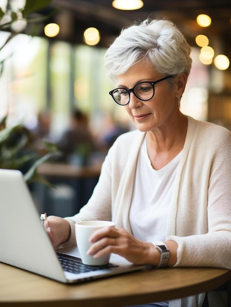 une femme âgée mature regardant une formation en ligne sur ordinateur portable à distance
