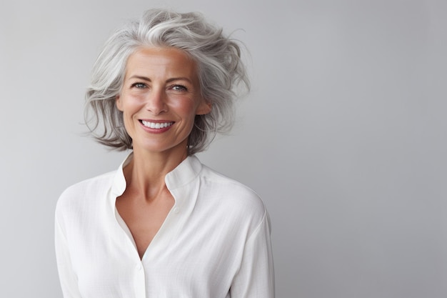 Une femme âgée mature en t-shirt blanc.