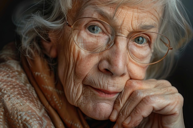 Une femme âgée moderne avec la main sur le visage.