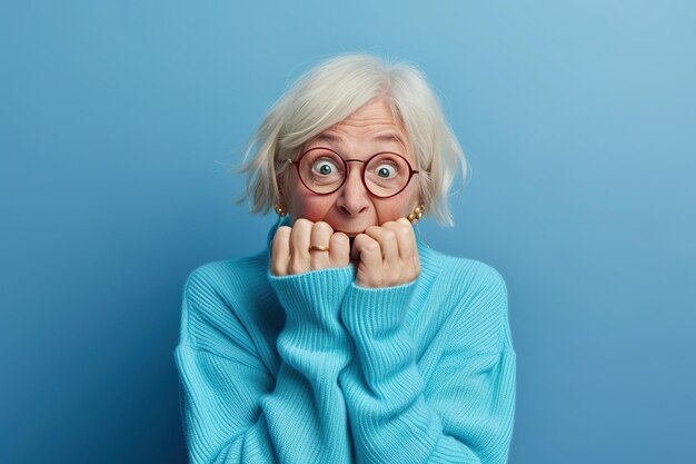 Photo femme âgée nerveuse et en studio avec oops réaction sur fond bleu drame d'erreur ou secret avec regret honte ou maladroit