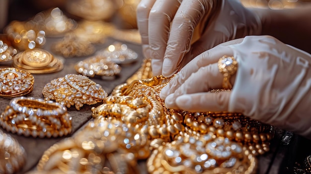 Une femme âgée nettoie et polie des bijoux en or dans sa maison.