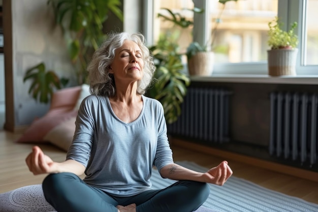 Une femme âgée paisible faisant des exercices de respiration à la maison une femme mature méditant à la maison avec les yeux fermés