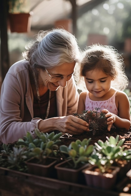 Femme âgée avec petite-fille prenant soin de jeunes plants dans une serre ensoleillée