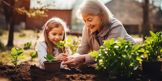 Une femme âgée et une petite-fille s'occupent et plantent des plantes en pot dans la maison