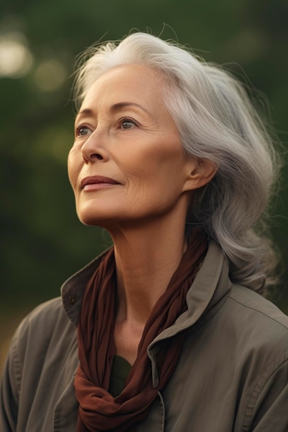 une femme âgée en pleine contemplation du paysage qui l'entoure réfléchit