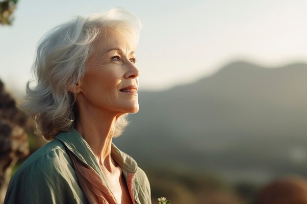 une femme âgée en pleine contemplation du paysage qui l'entoure réfléchit